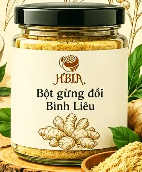 Hũ bột gừng H'bia trên bàn gỗ